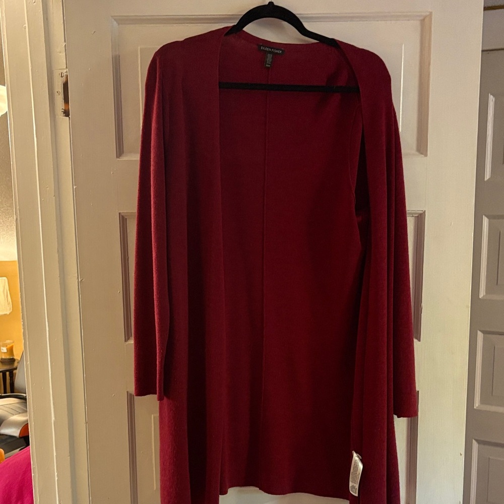 Eileen Fisher Open-Front Long Cardigan in Burgundy Red